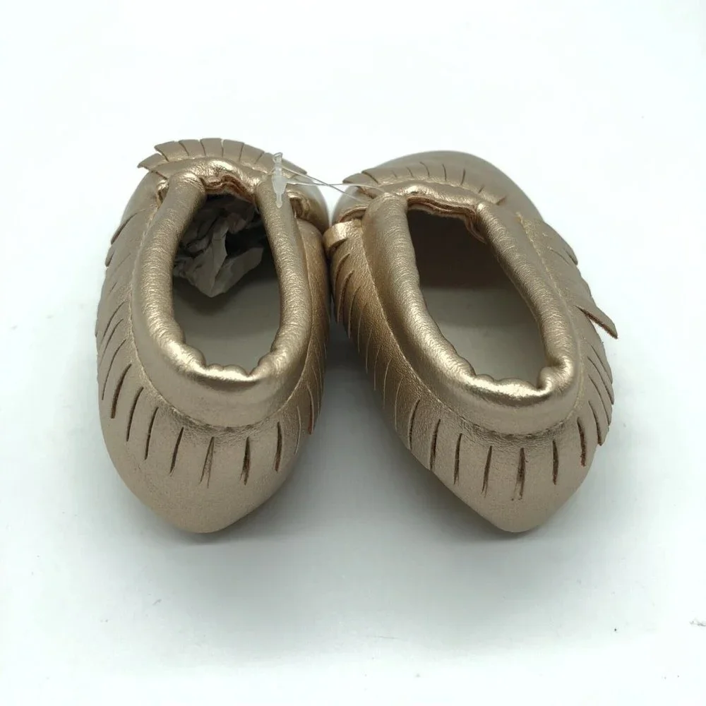 Toddler Girls Slip On Moccasins Faux Leather Soft Sole Fringe Gold US Size 5